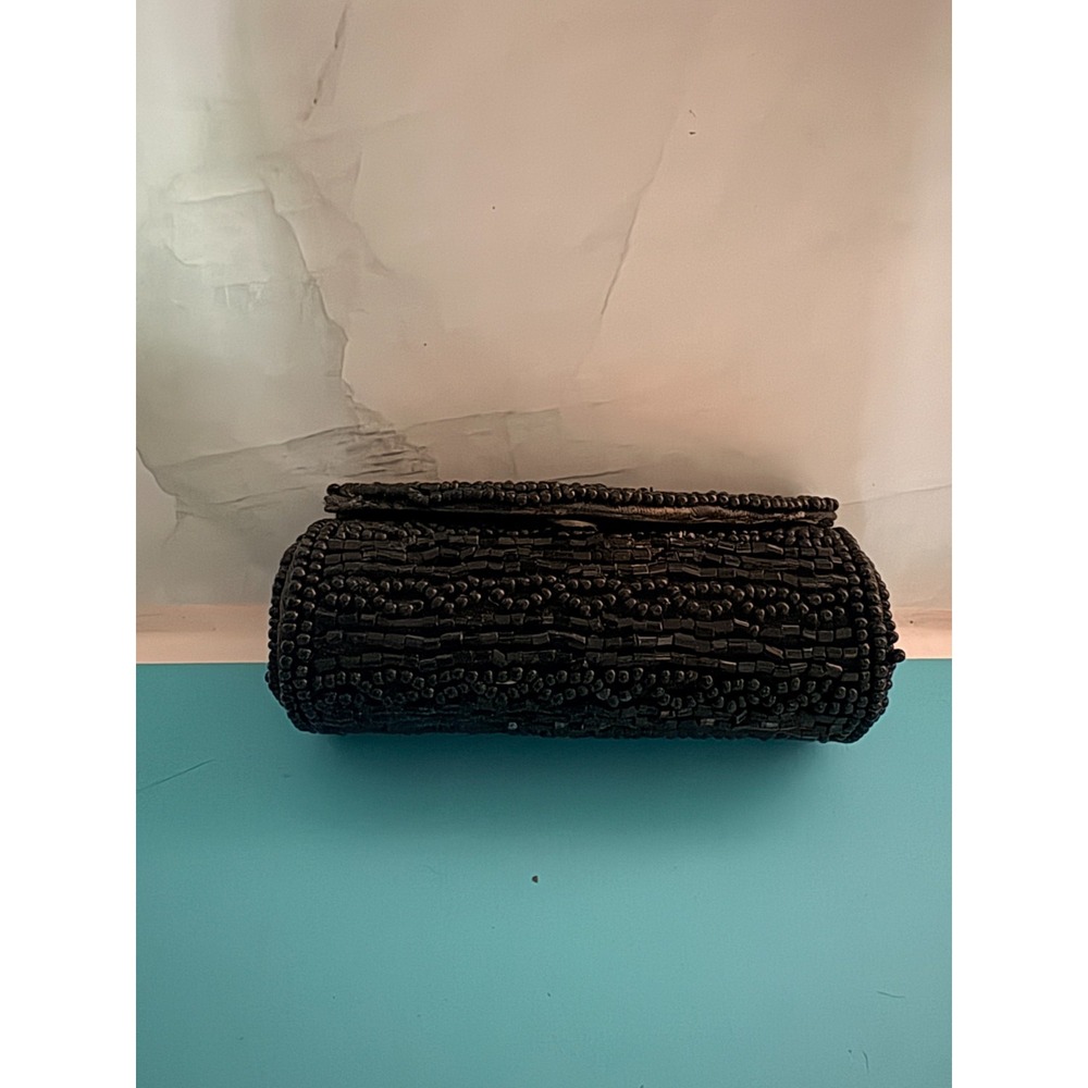Vintage Stunning Black Hand Beaded Lipstick Case Mirrored, Snap Closure Holder